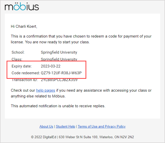 A copy of the confirmation email is shown and the expiry date and used code are listed and highlighted.