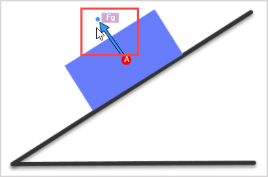 A box on an incline has the normal force labelled as gravity. The force is selected and is blue with a visible force handle.