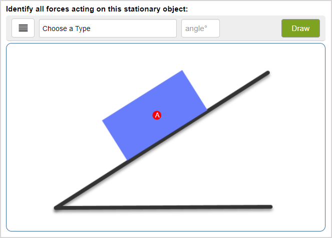 A free body diagram response area showing a box on an incline with one control point.