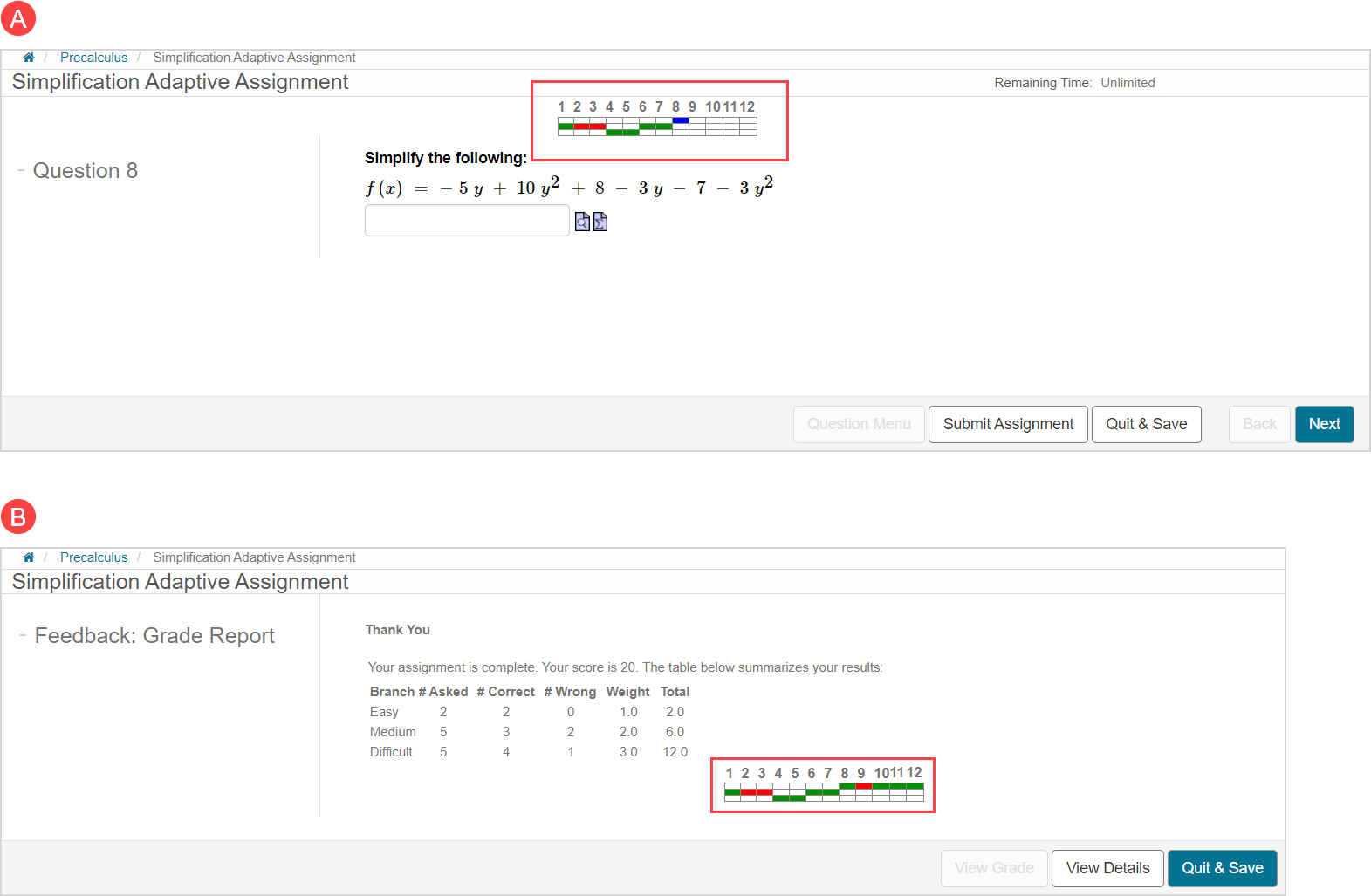 The progress graph is shown above a response area during an attempt and below the grade report data on the grade report page.