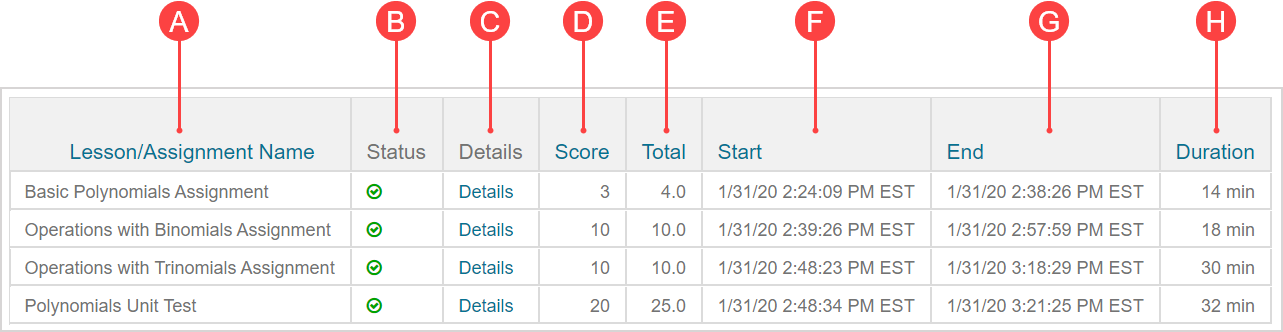The table within the View Panel disaplys the activity name, status, details link, score, total, start date and time, end date and time, and attempt duration.