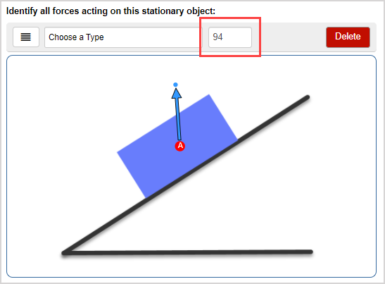 The incorrect angle of 94 degrees is shown in the angle field for the normal force of the box on an incline.