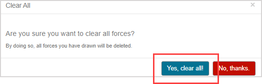 The "Clear All" confirmation modal states: Are you sure you wan to clear all forces? By doing so, all forces you have drawn will be deleted." The "Yes, clear all!" button is the first button in the modal.