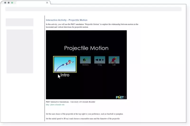 Animation showing a tool within Möbius demonstrating projectile physics.