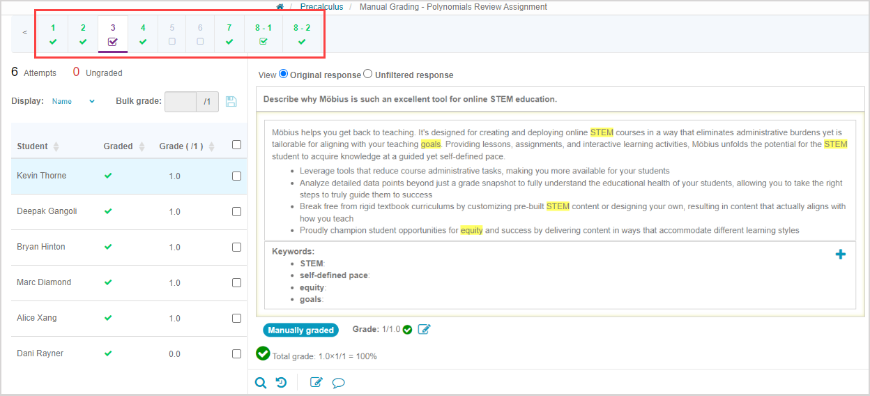 Snapshot the Grade Manager that shows the graded status of 9 assignment questions and 6 students.