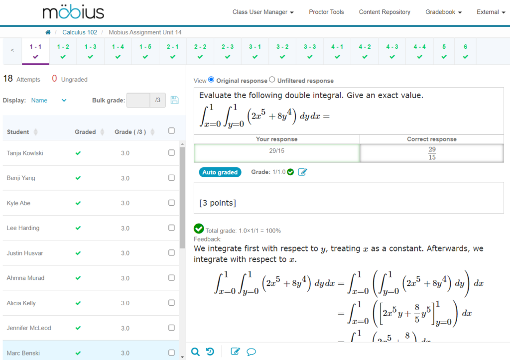 An overview of the Möbius Grade Manager within the Möbius Gradebook showing a list of student submissions to a sample question.