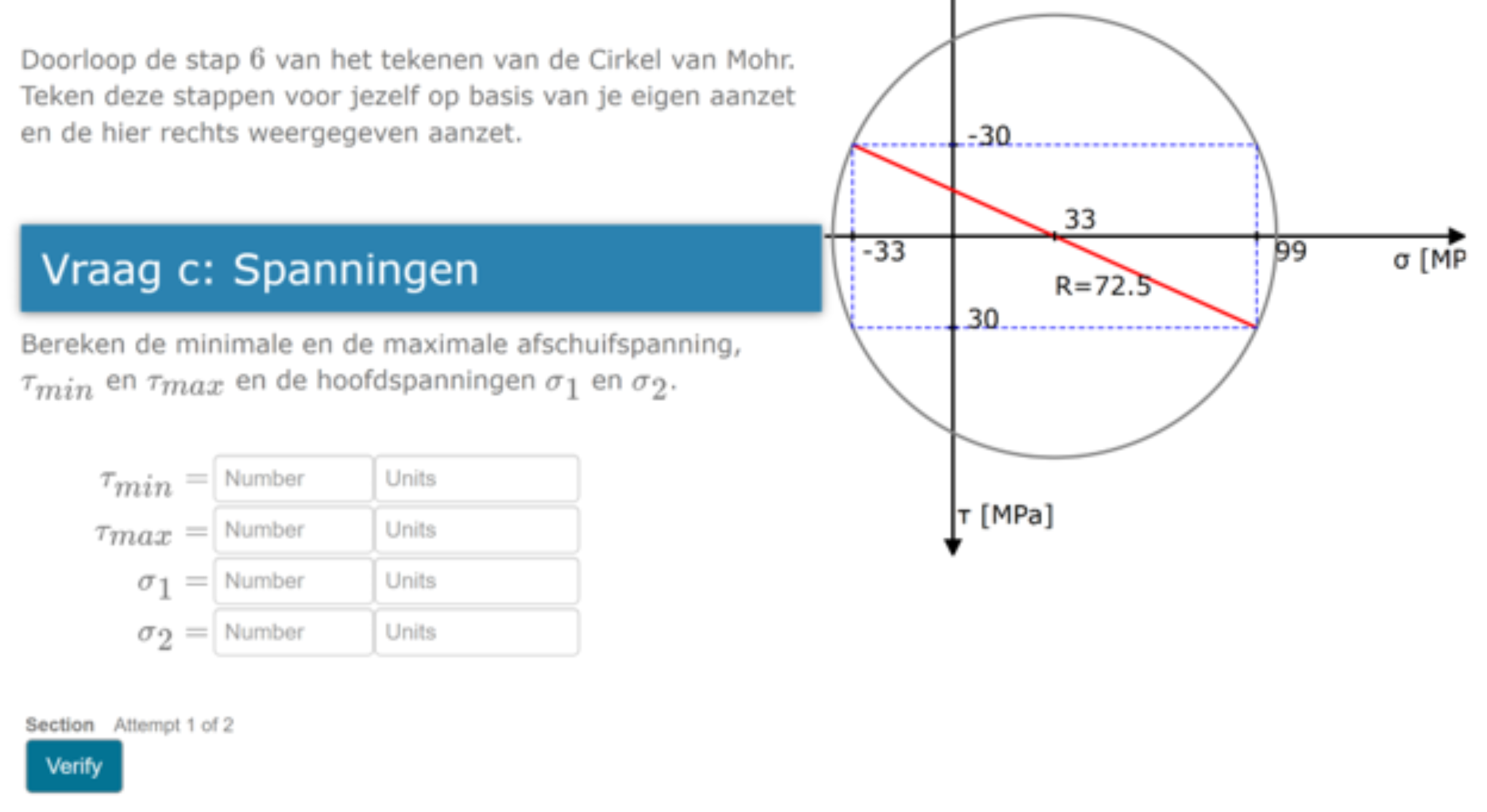 Möbius engineering assessment in Dutch showing a Mohr’s Circle stress diagram and fields for students to calculate minimum and maximum shear stress and principal stresses.